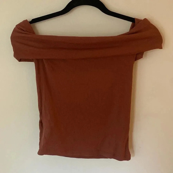 Cotton On Staple Rib Off The Shoulder Sleeve Blouse Top Dark Sepia Pink S NWT - Picture 7 of 7
